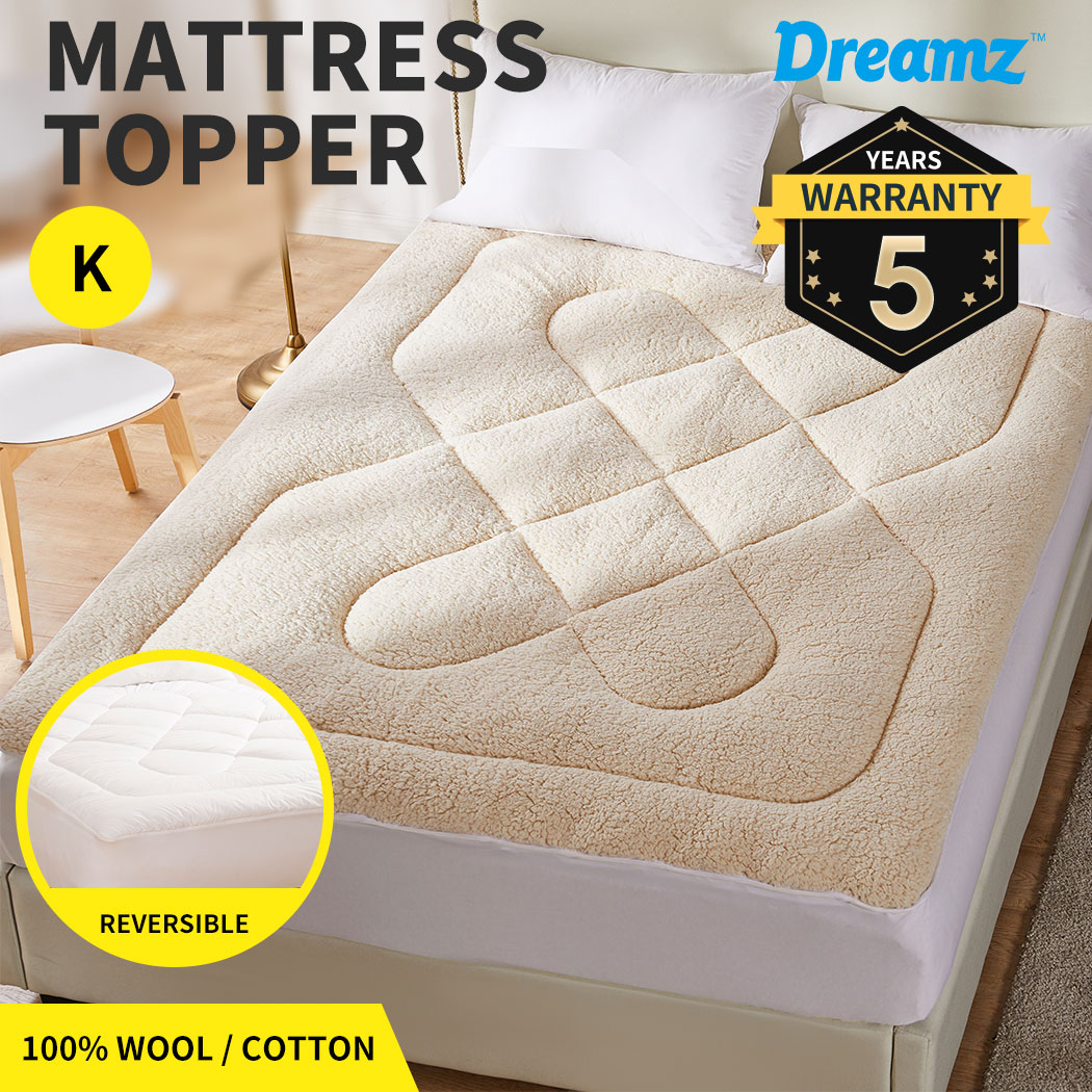 DreamZ Mattress Protector Topper Cover 100 Wool Underlay Reversible