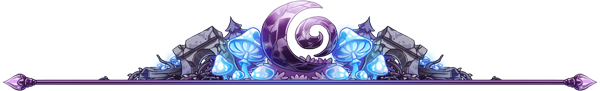 A horizontal divider that is purple. It has small gems on the ends. The top center of it has an image of the shadow flight logo surrounded by glowing blue mushrooms. Behind the logo are pine trees and some ruins. 