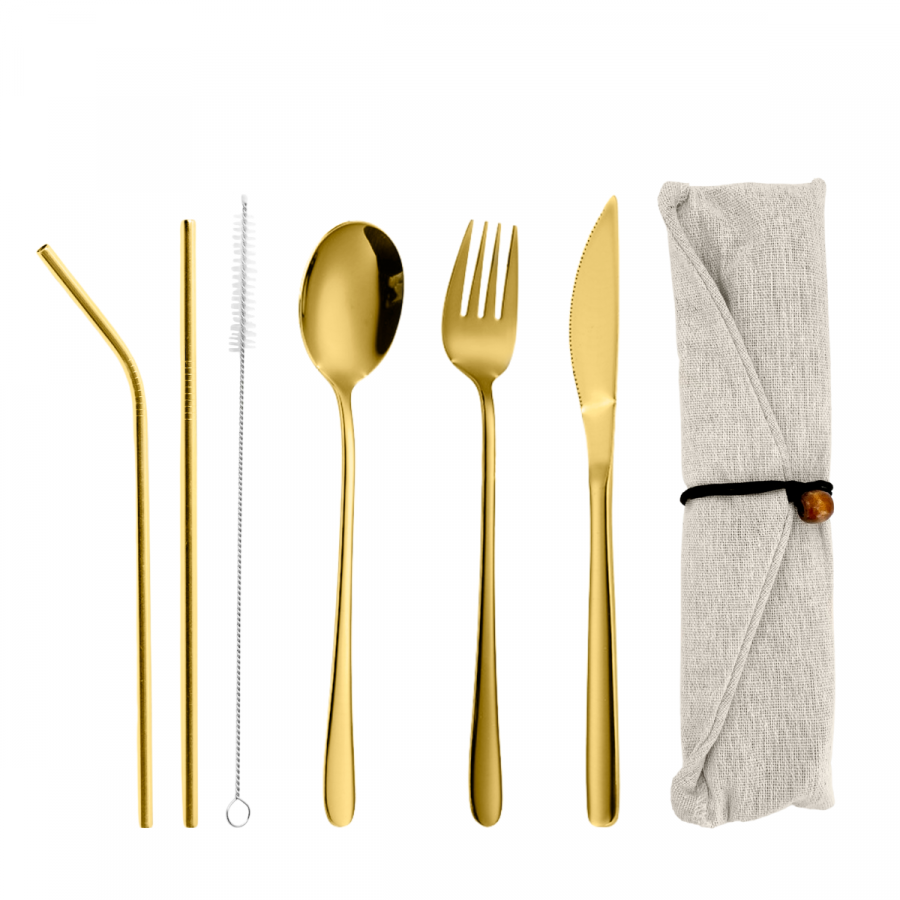 Set de cubiertos con estuche dorado, acero inox, 6 piezas