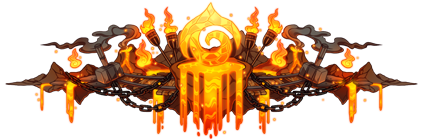 A picturesque Fire flight divider. The fire emblem is in the center, made of molten lava and leaking into a pool below. The emblem is surrounded by lit torches and black chains. Everything rests on a backdrop consisting of dark red rocks.