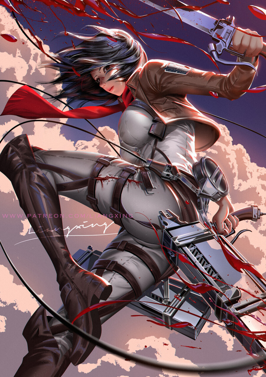 Wallpaper Attack On Titan 10 Mikasa Ackerman, Shingeki no Kyojin, Liang Xing, artwork, jacket, bodysuit, women, anime girls, Liang-Xing