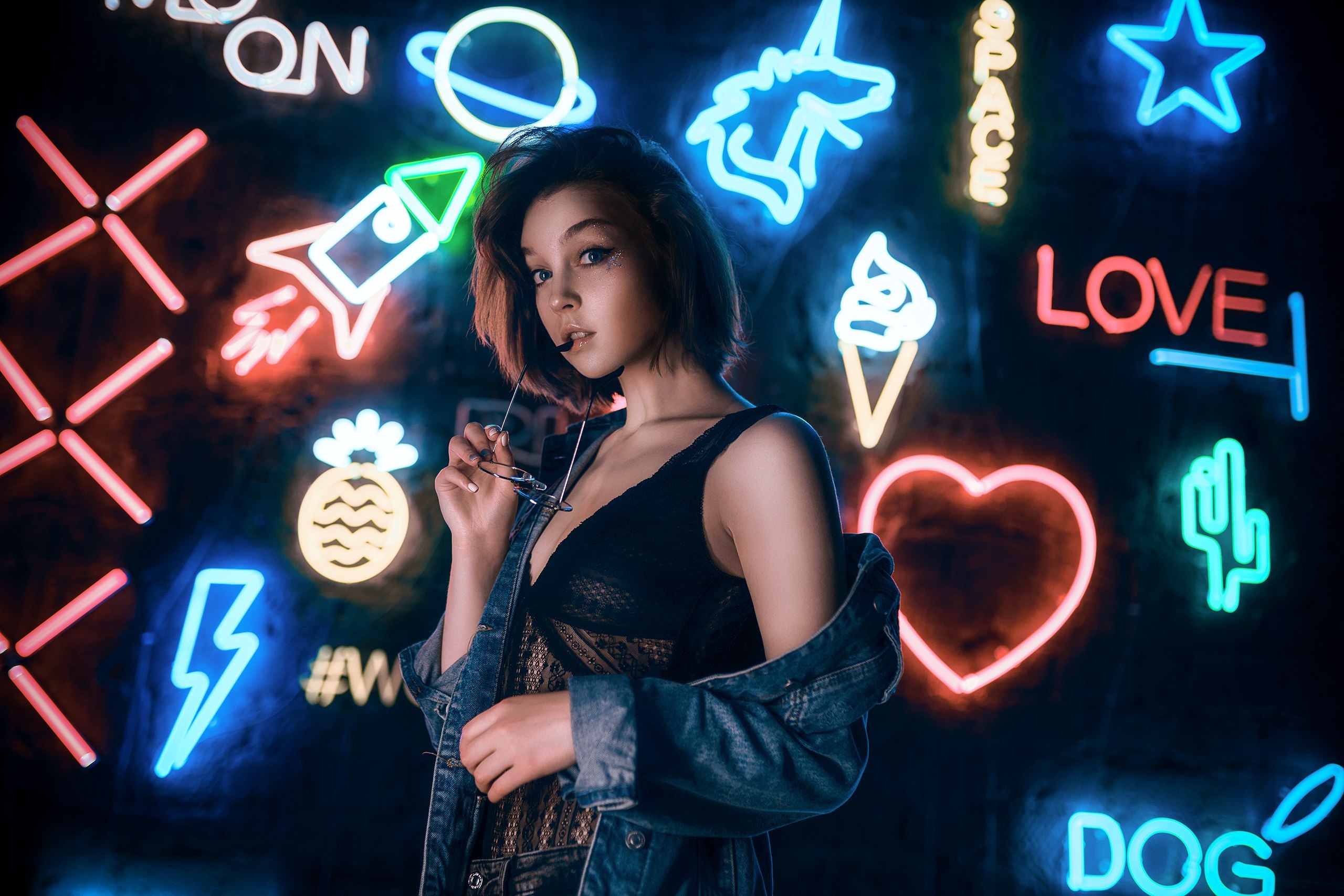 Wallpaper One Piece 167 Olya Pushkina, women, model, brunette, looking at viewer, glasses, one-piece-lingerie, jeans jacket, neon lights, women indoors