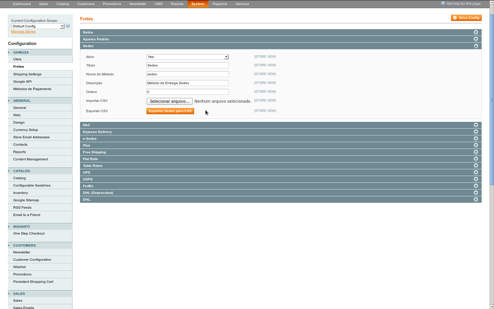 Gamuza Fretes - Magento - Configuração no Painel Administrativo - Habililitando transportadora e importando ou exportando tabela de valores para fretes no formato CSV