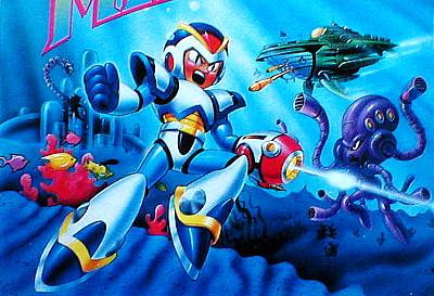 North American Mega Man X package/cartridge artwork.  Note that Launch Octopus, colored almost entirely purple for no discernible reason, is featured, as are elements/enemies from his level.