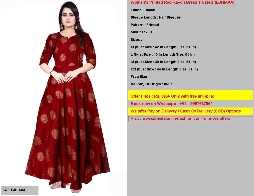 Women's Printed Red Rayon Dress Trusted code EJHIAAA Rs 395