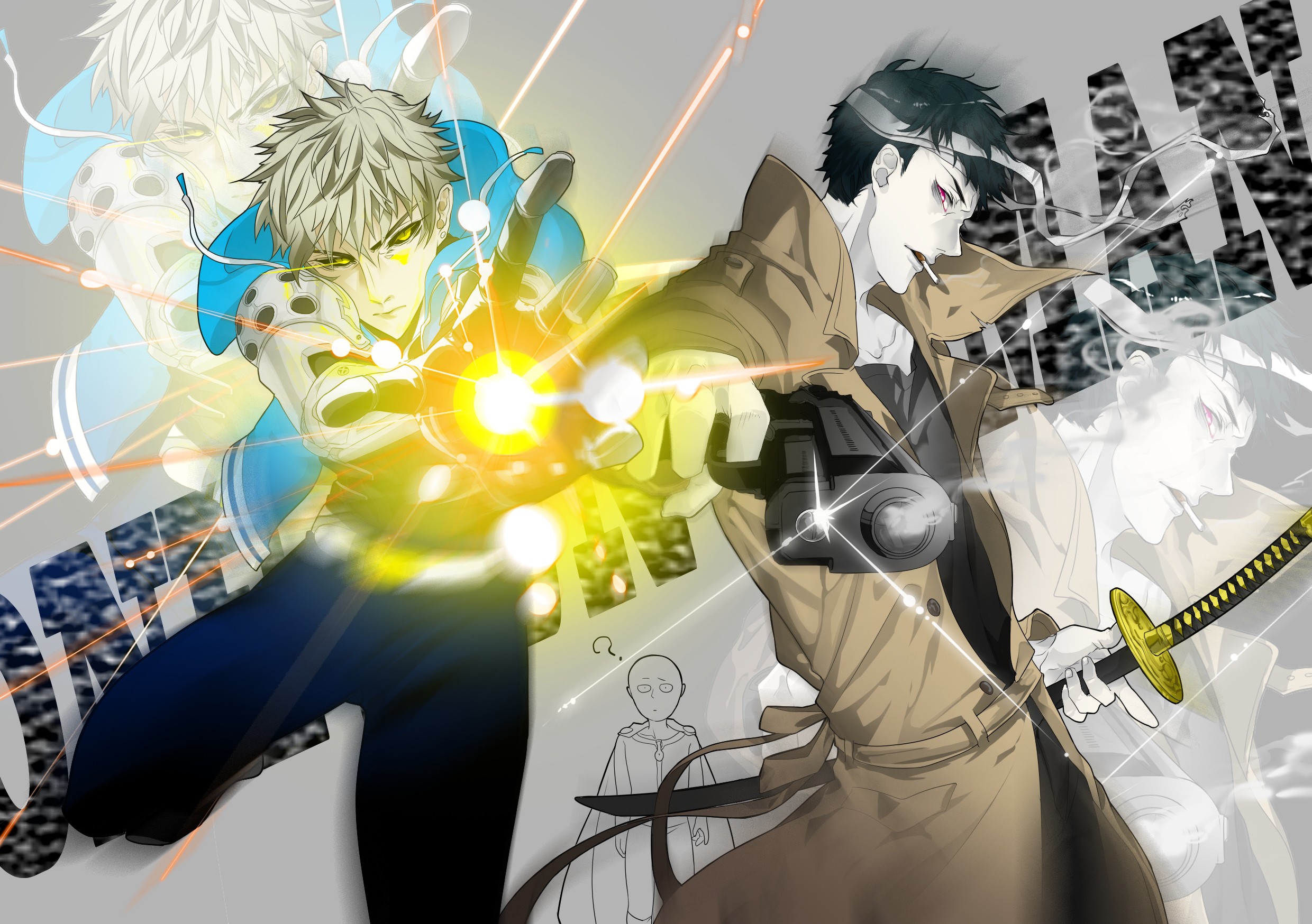 Wallpaper One Punch Man 276 One-Punch Man, Saitama, Genos, anime, zombie man, anime boys, yellow eyes, cigarettes, gun, sword, red eyes, dark hair