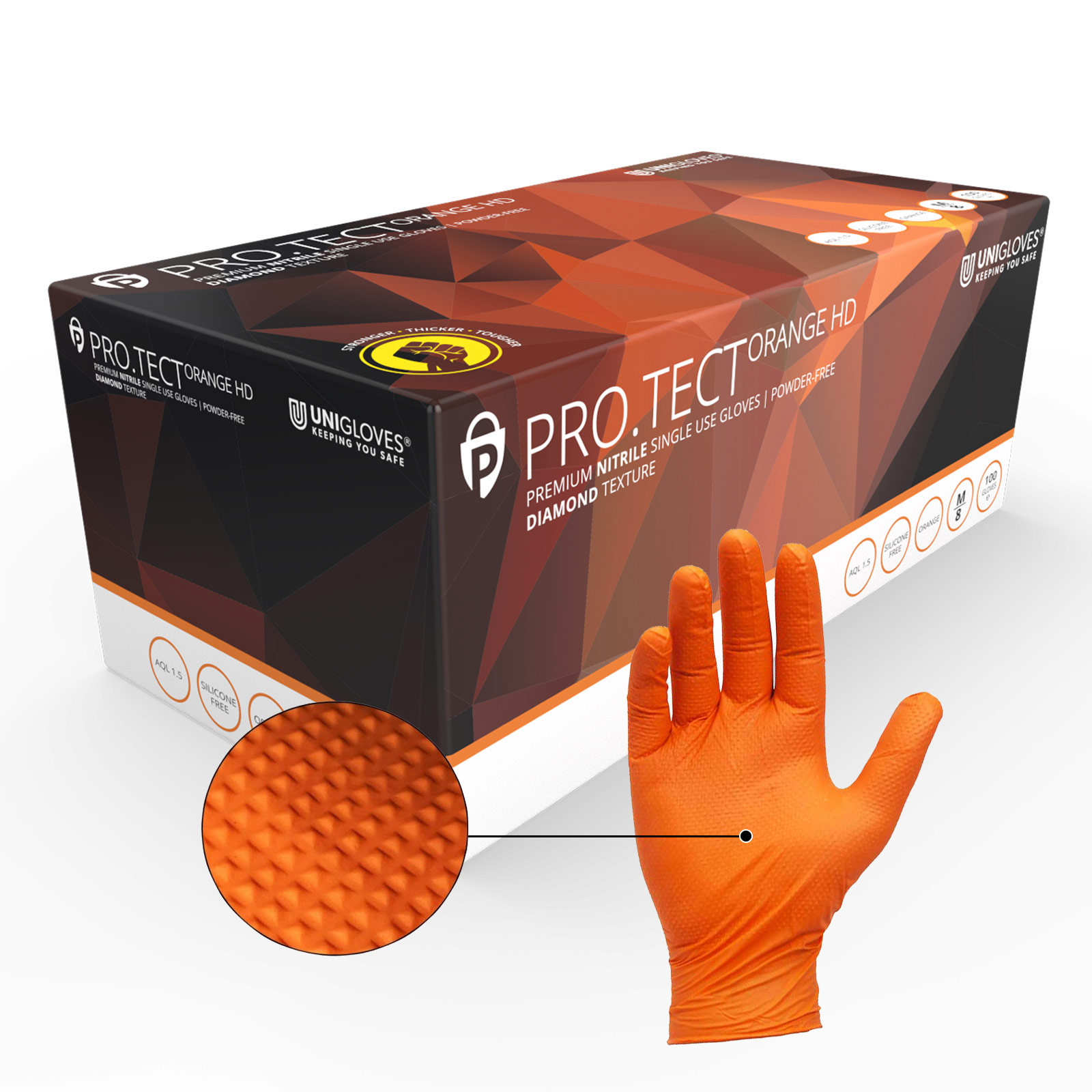 Orange Disposable Nitrile Gloves Heavy Duty Diamond Textured Grip Powder Free