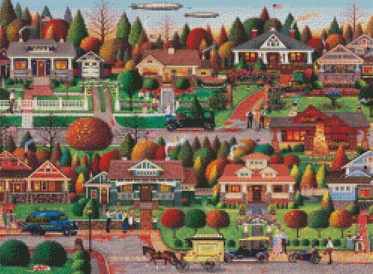 Charles Wysocki cross-stitch - Labor Day in Bungalowville