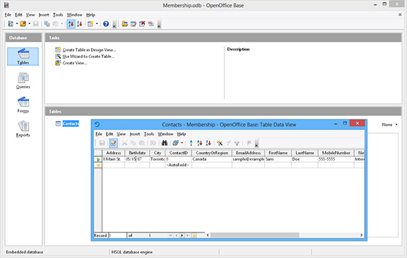 Open Office Base database screenshot, access