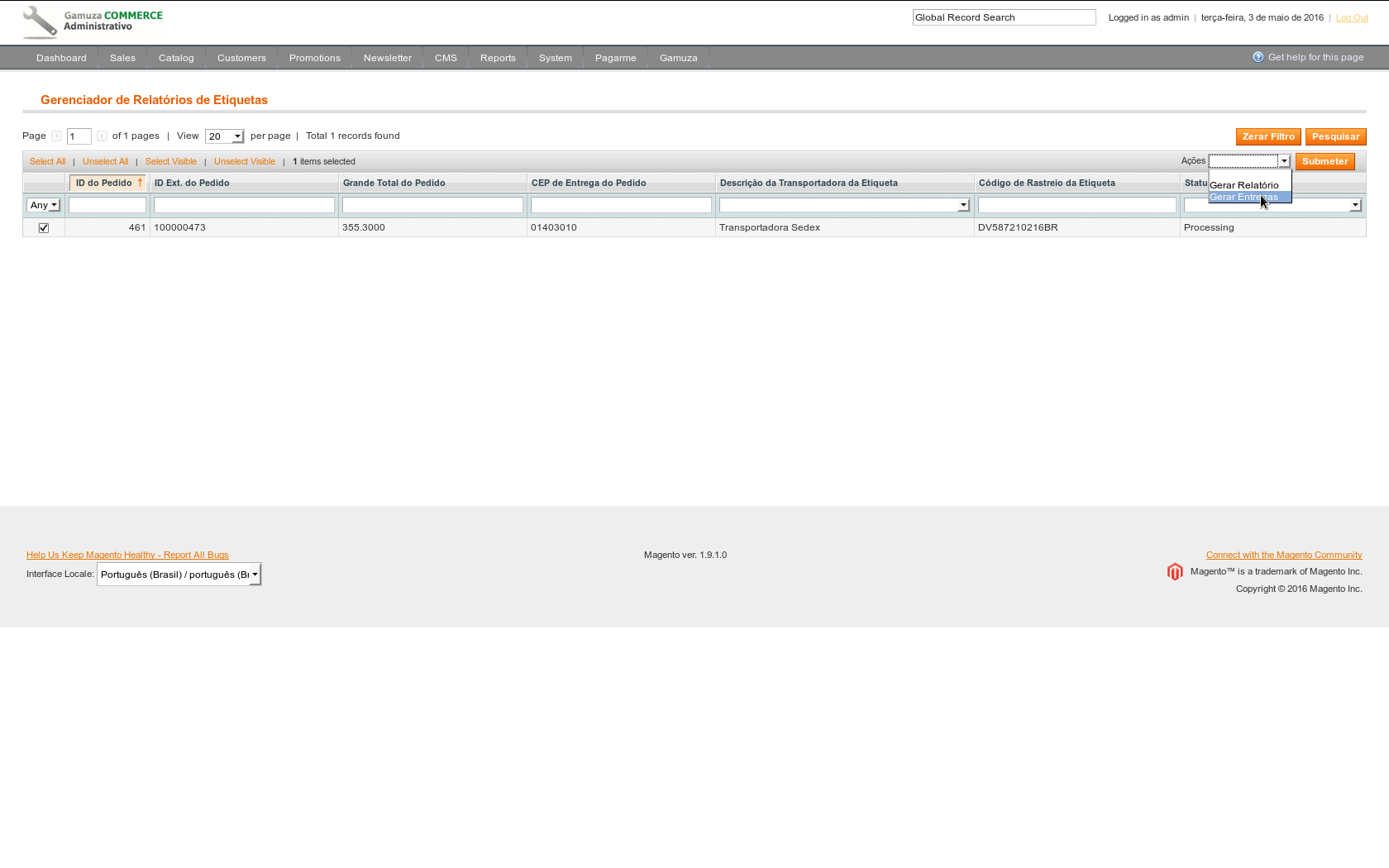 Gamuza Etiquetas - Magento - Gerando entregas