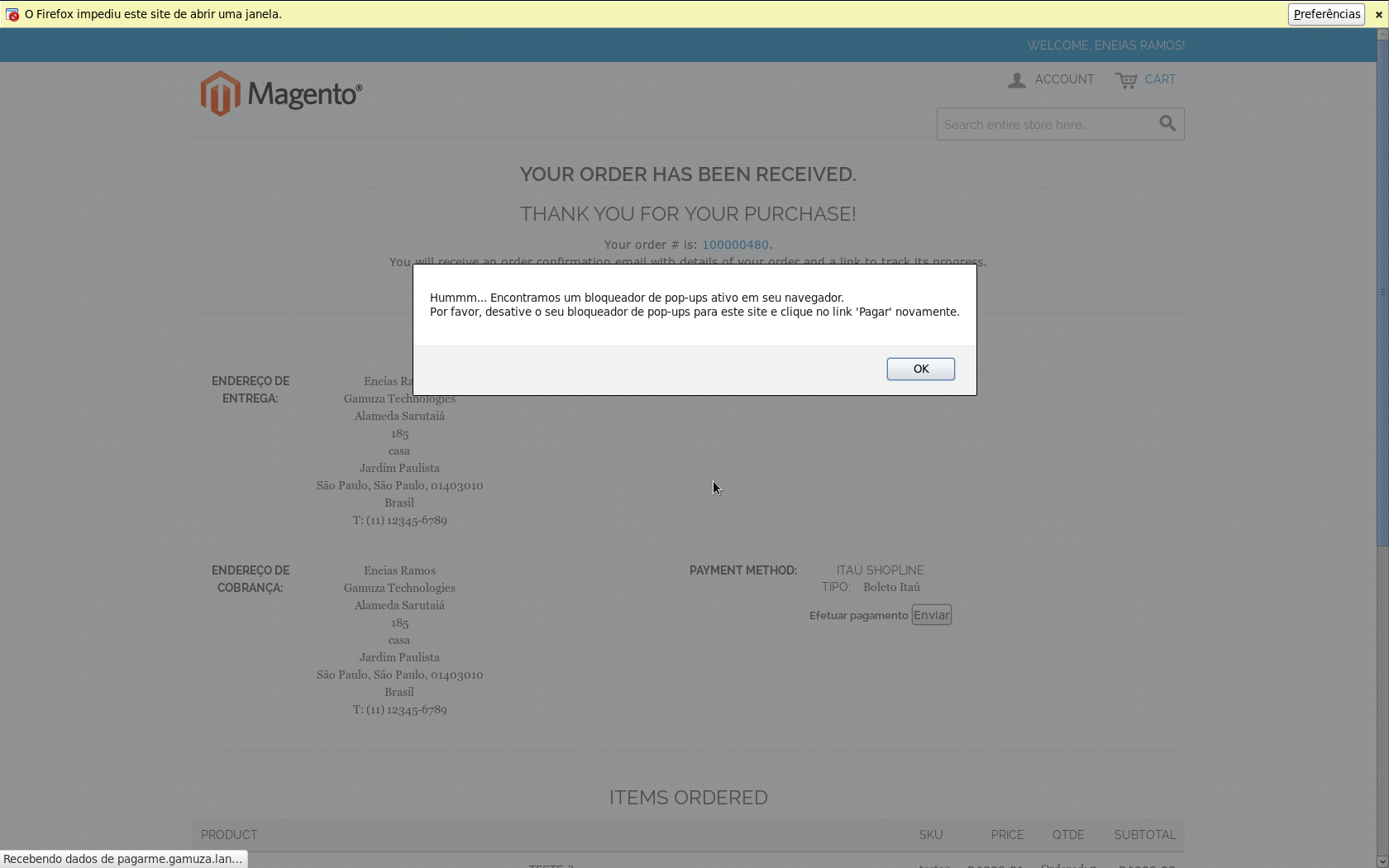 Gamuza Itaú ShopLine - Magento - Aviso de anti-popup no navegador