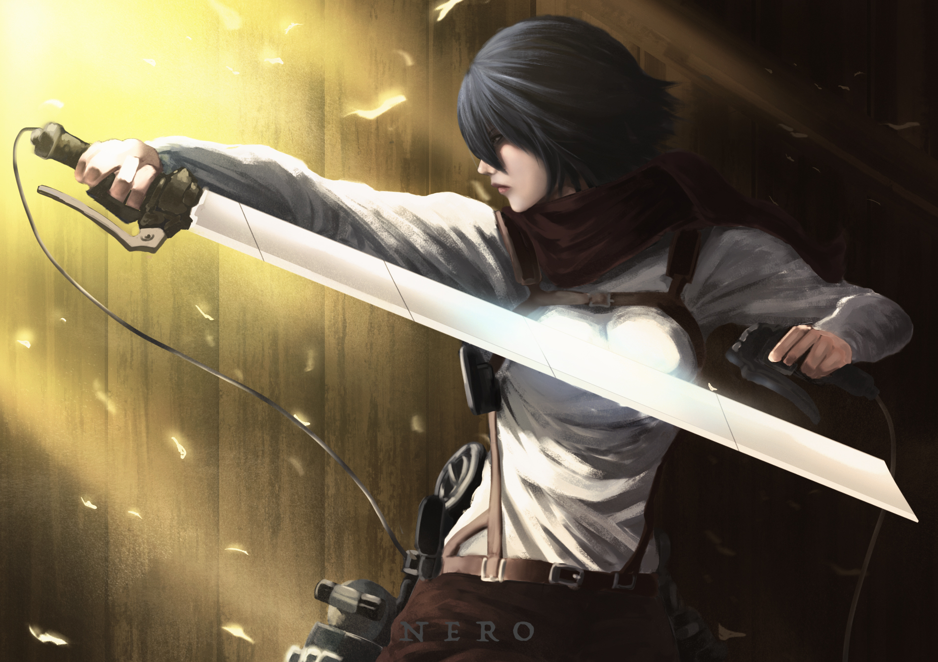 Wallpaper Attack On Titan 169 Shingeki no Kyojin, anime girls, Mikasa Ackerman, 2D, small boobs, women with swords, female soldier, short hair, black hair, looking away, sunlight, fan art