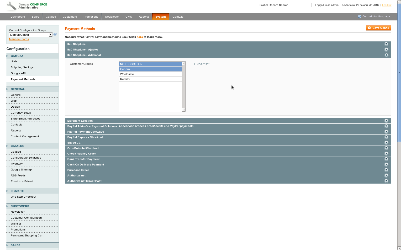 Gamuza Itaú ShopLine - Magento - Configuração no Painel Administrativo