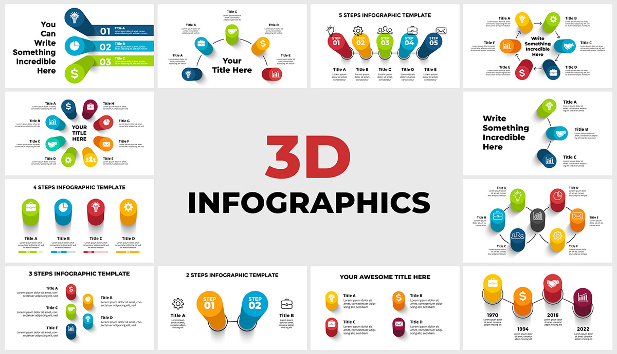 Powerpoint presentation slide templates with 3D perspective infographics. Image includes 12 customizable infographic templates.