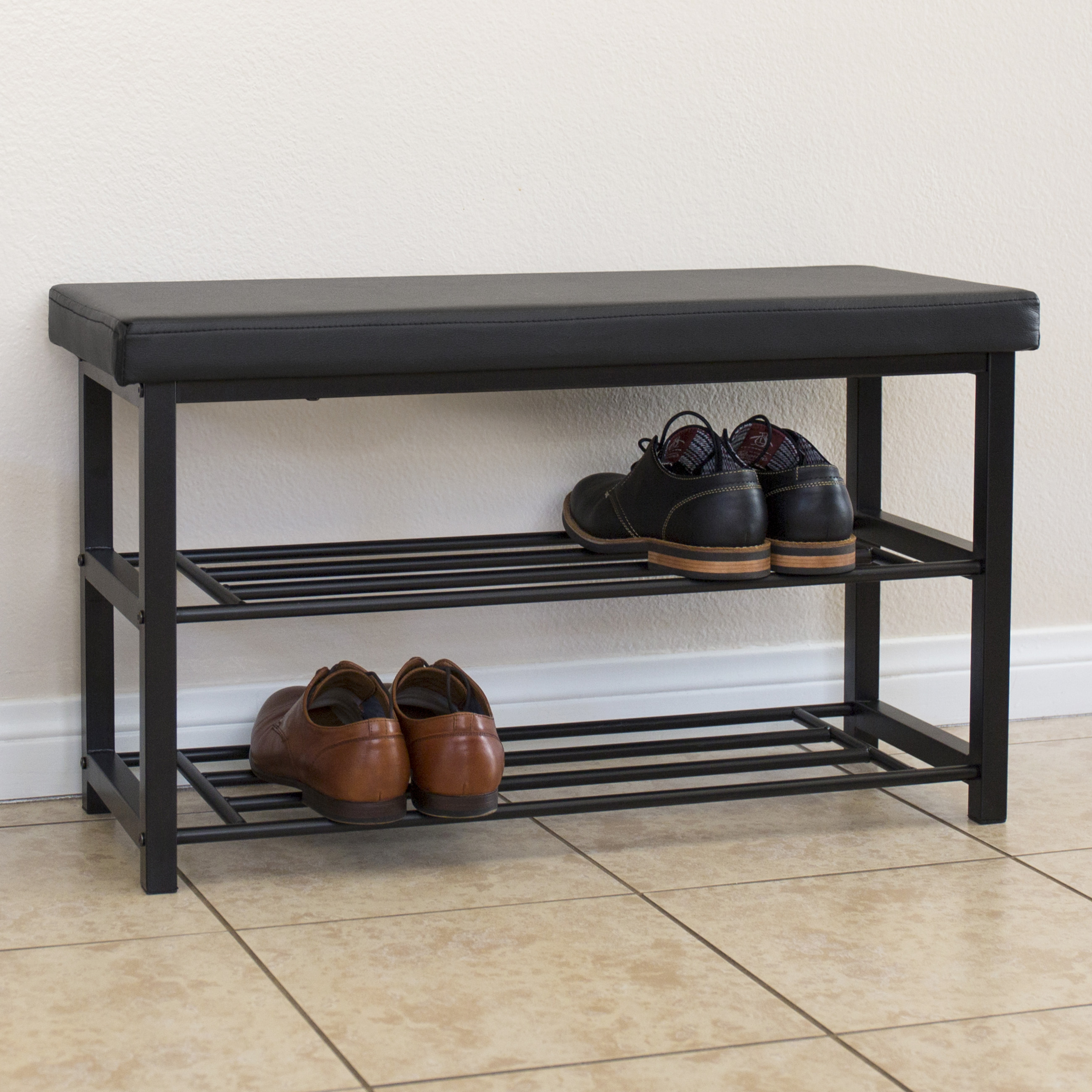 BCP 2Tier Metal Shoe Rack Bench w/ Leather Top Black eBay