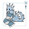 A small adoptable in the shape of a lizardlike ice creature wearing a scarf