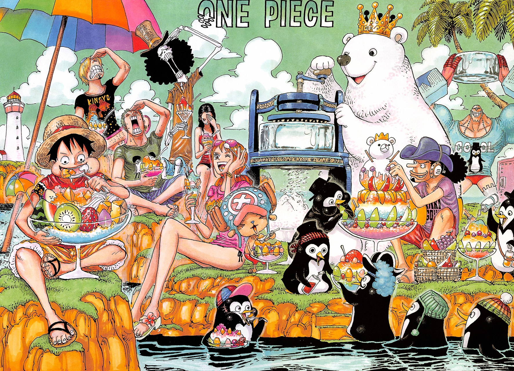 Wallpaper One Piece 65 One Piece, anime, anime boys, eating, anime girls, food, fruit, penguins, polar bears, legs, legs crossed