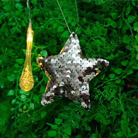 Colgante estrella navideño plateado/negro, 9x9cm, lentejuelas