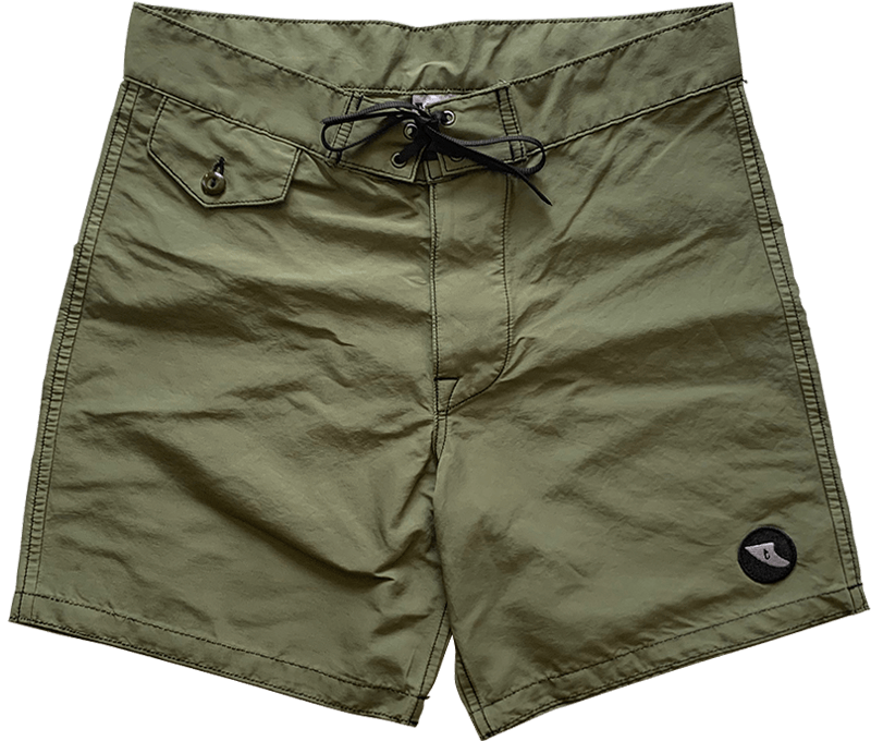 Front of olive green trim boardshorts