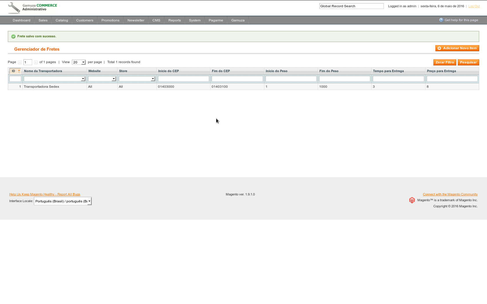 Gamuza Fretes - Magento - Cadastrando ou alterando valor de frete específico