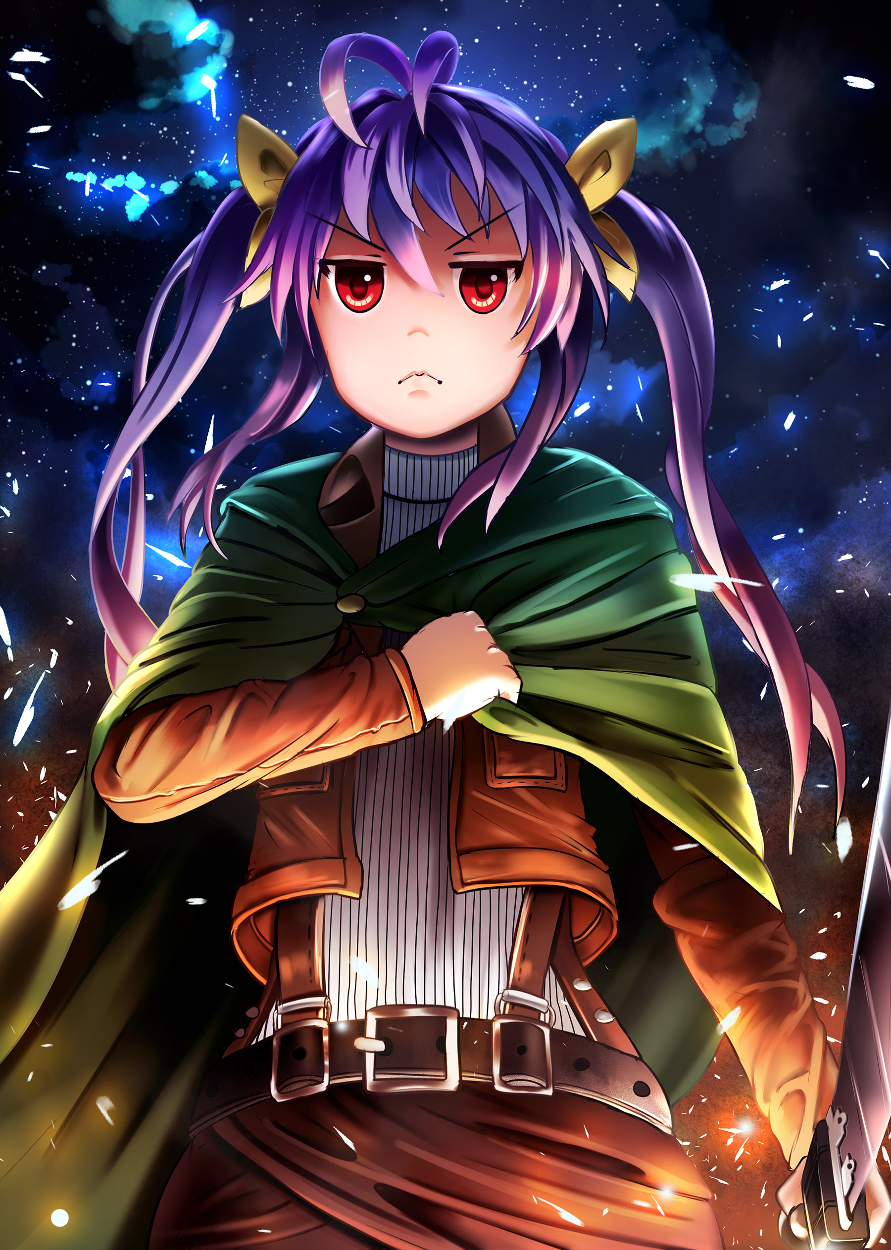 Wallpaper Attack On Titan 165 Non Non Biyori, crossover, Shingeki no Kyojin, Miyauchi Renge , anime girls, twintails, red eyes, women with swords, violet hair, long hair, 2D, loli, night, hand on chest, small boobs, fan art