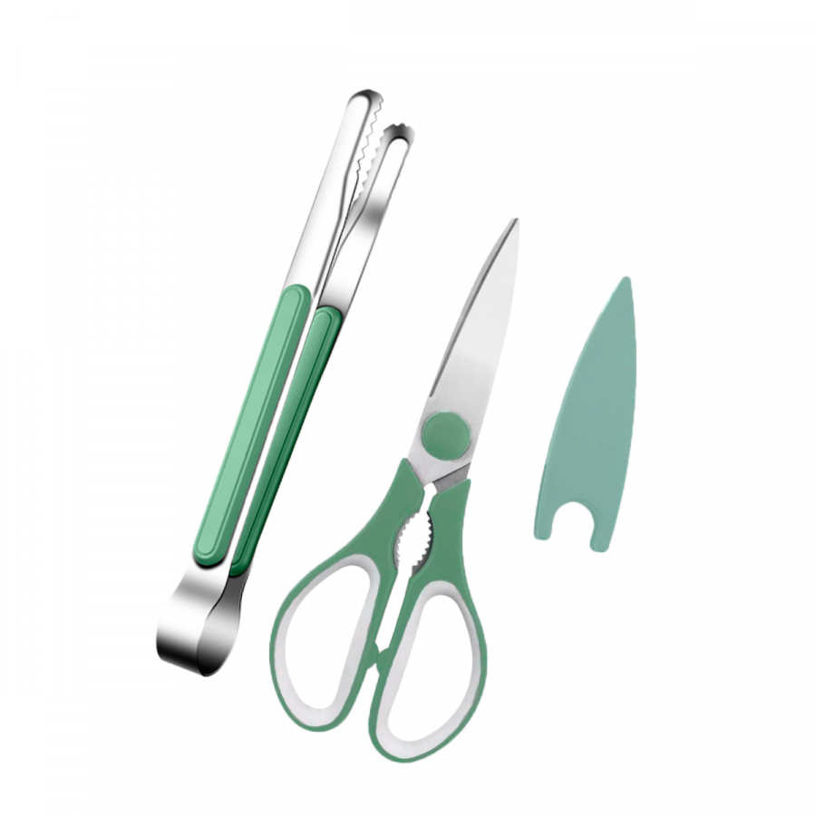 Set de tijera y pinza para barbacoa verde, acero inox