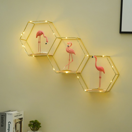 Repisa de 3 pisos dorado, 39x59cm, hierro forjado y madera