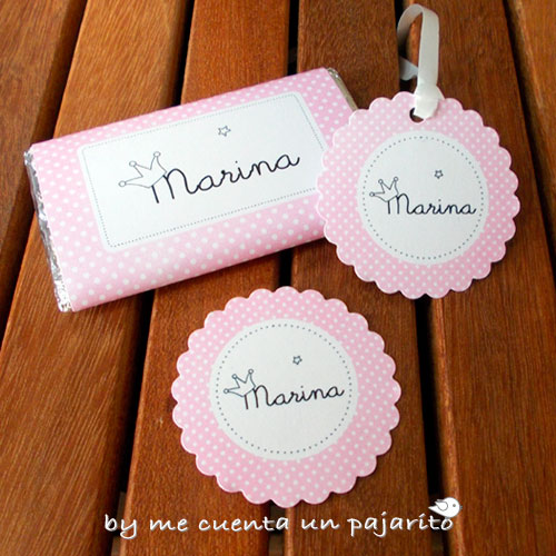 Etiquetas, pegatinas y chocolatinas del cumpleaños de Marina, sello personal