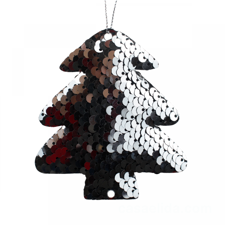 Colgante árbol navideño plateado/negro, 9x8cm, lentejuelas