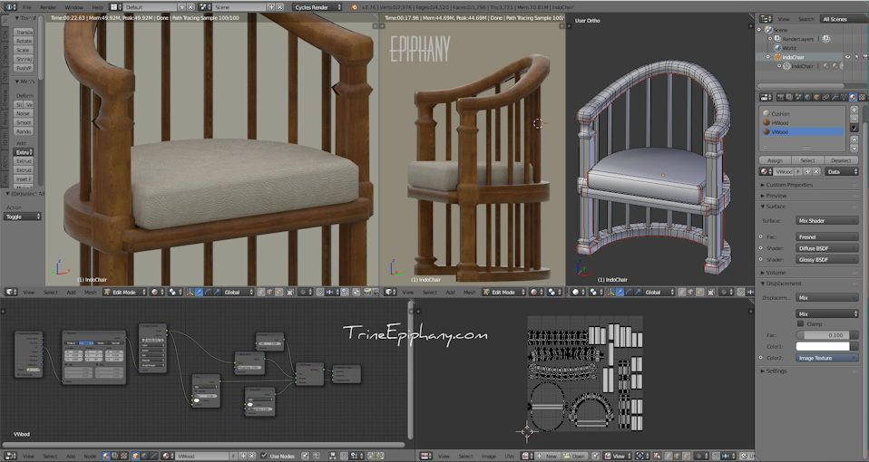 Balinese teak wood chair with leather cushion modelled in Blender 3D