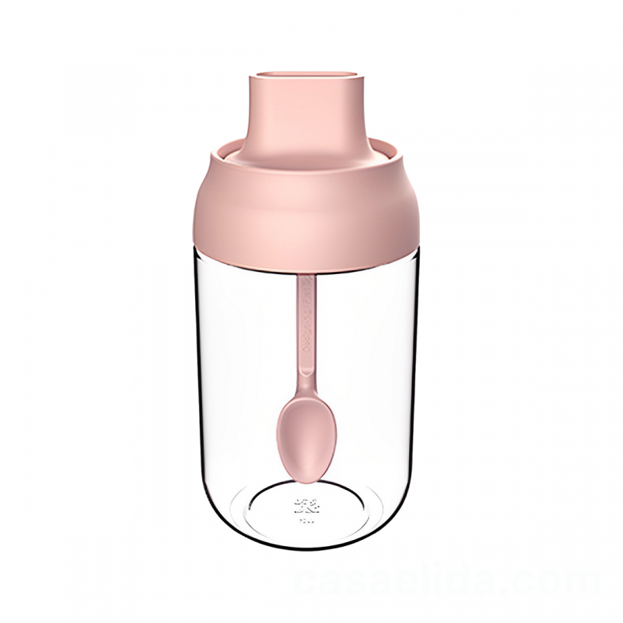 Frasco condimentero rosado, 14xØ6.5cm, cuchara