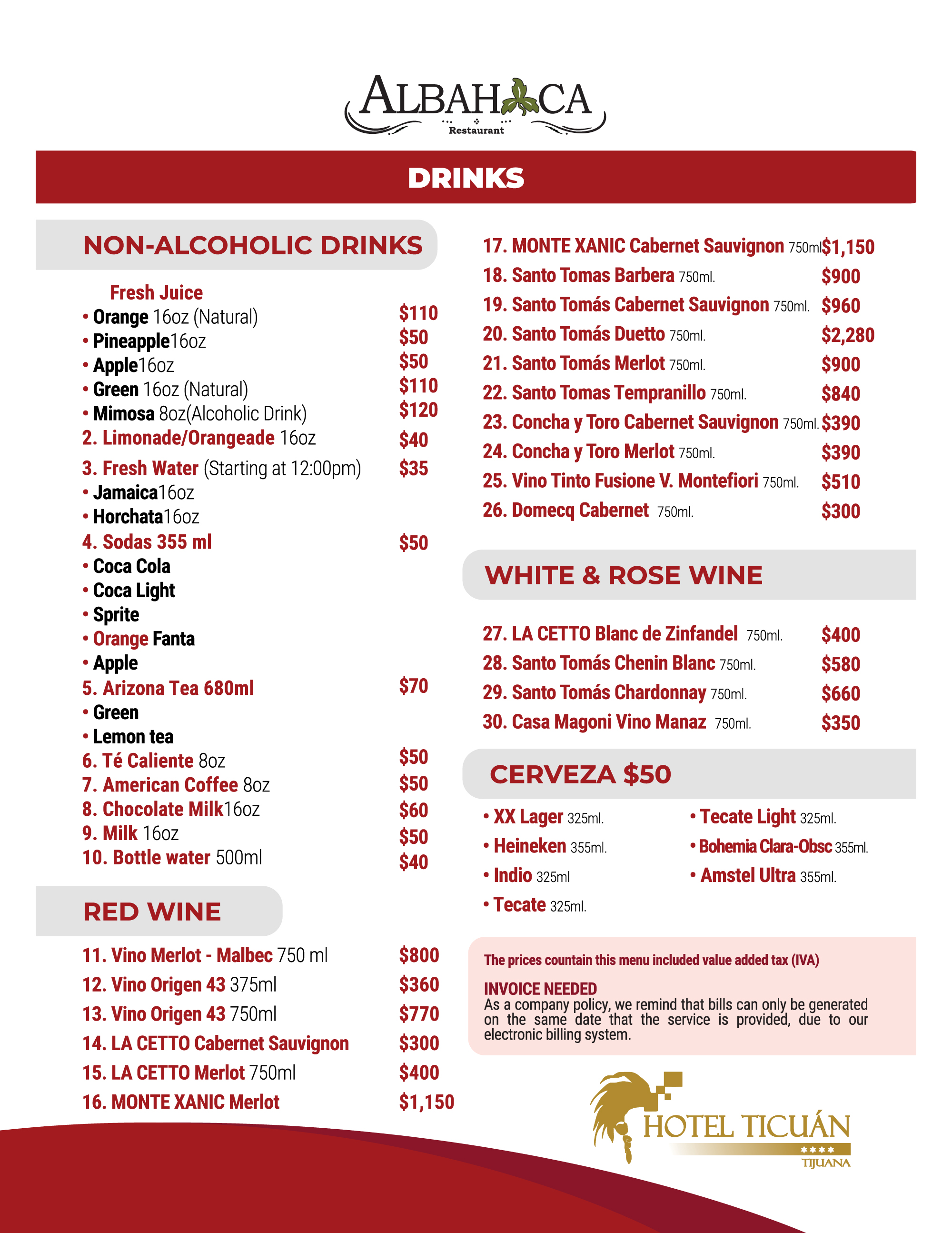 Albahaca Menu