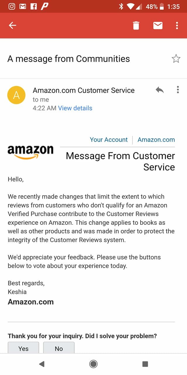 Amazon response to changes in review guidelines