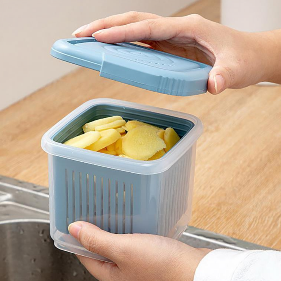 Contenedor escurridor de alimentos azul, 500ml, 10x11x11cm