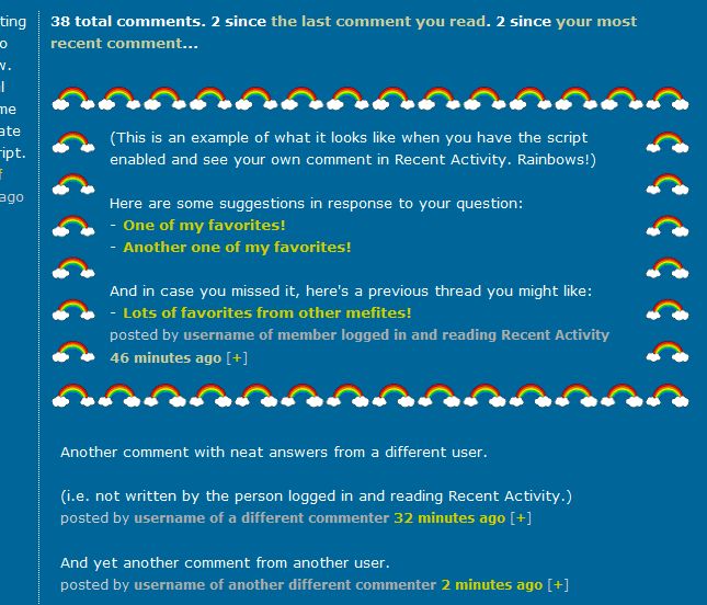Example showing the MetaFilter Recent Activity border o' rainbows