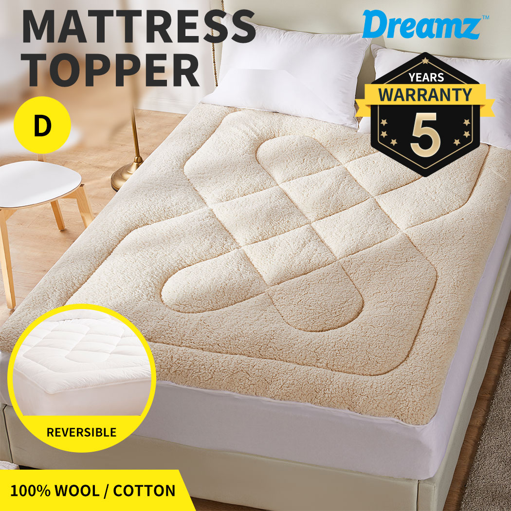 DreamZ Mattress Protector Topper Cover 100 Wool Underlay Reversible