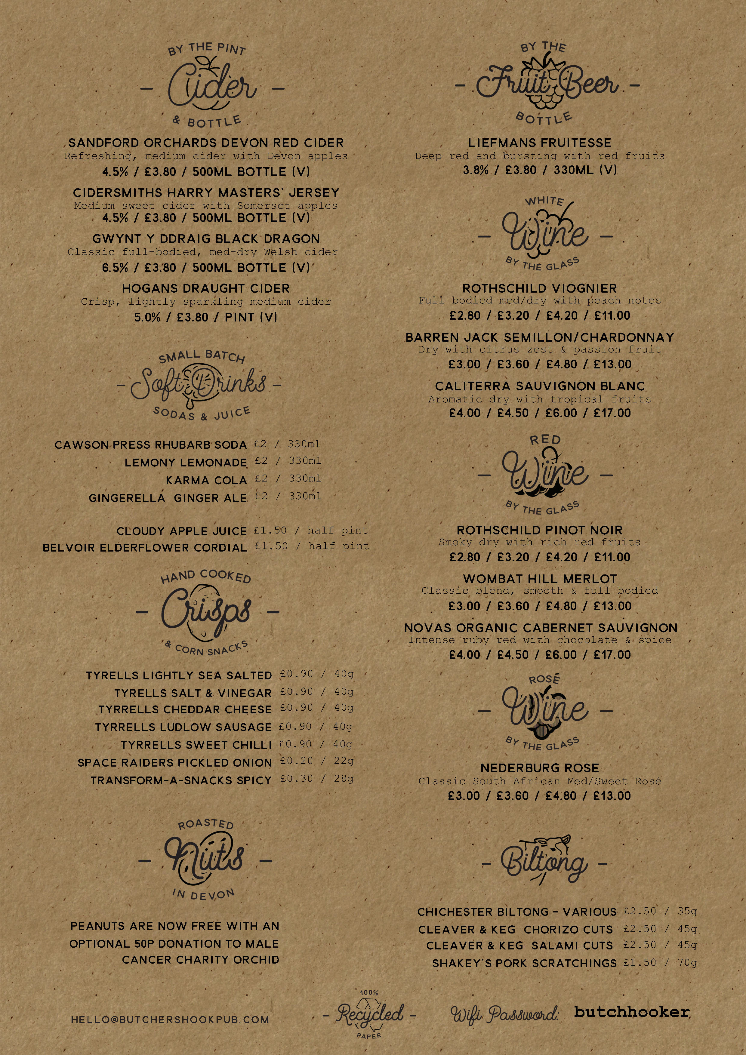 The Butchers Hook Alehouse Drinks Menu Page 1