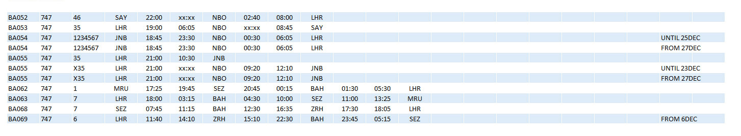 BA 747 Timetable Africa Dec80