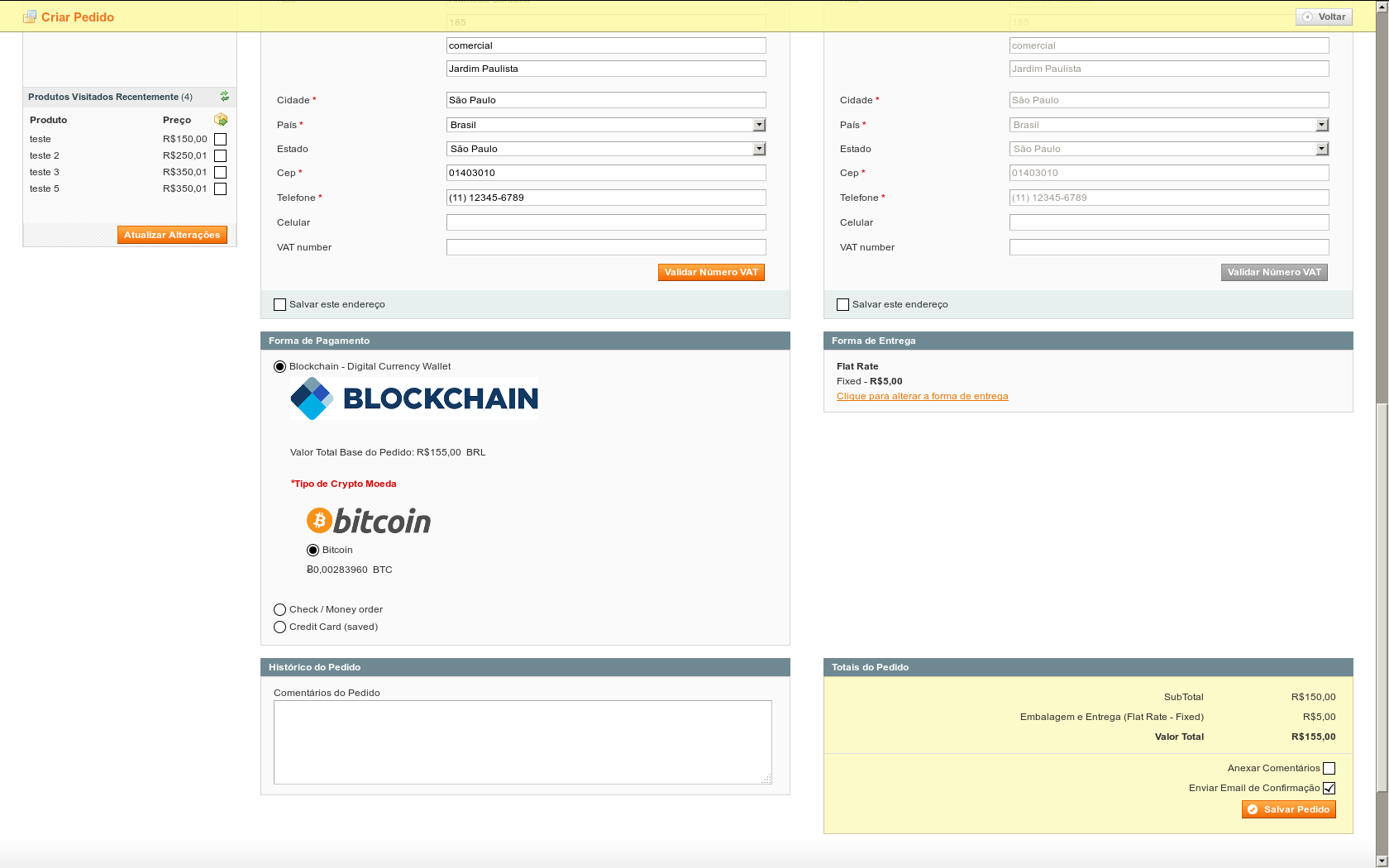Gamuza Blockchain - Magento - Criando um Pedido via Painel Administrativo