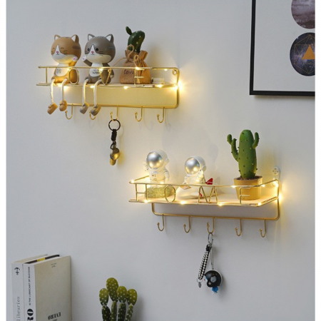 Repisa con 5 ganchos dorado, 35cm, hierro forjado y madera