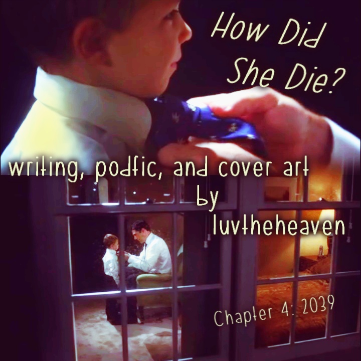 Podfic Art for How Did She Die chapter 4, through the rainy window two screenshots from when Hotch helps Jack put on a tie before Haley's funeral