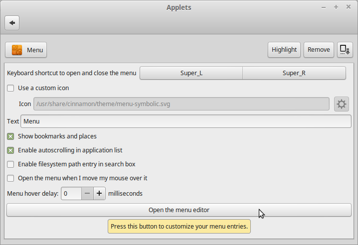 Right click on the Open the menu editor button