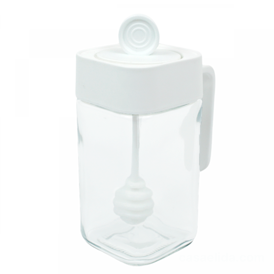 Frasco de miel blanco, 14x8.5x6cm, cuchara mielera