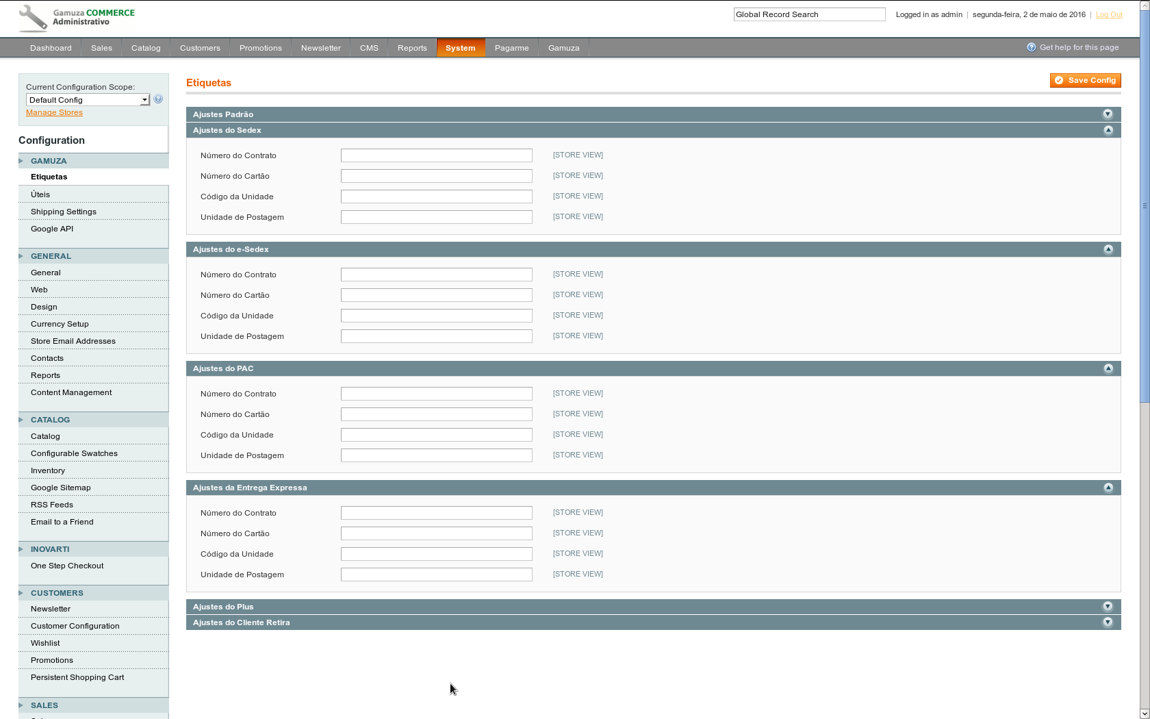 Gamuza Etiquetas - Magento - Configuração no Painel Administrativo - Ajustes para Transportadoras