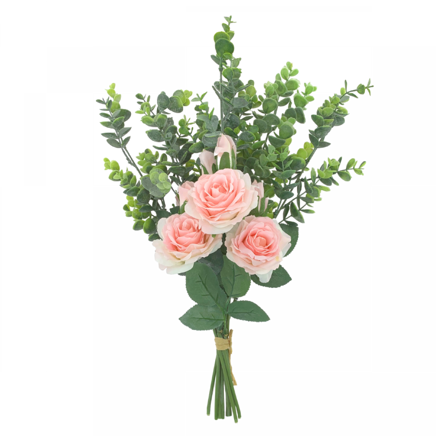 Bouquet artificial rosas, eucalipto y bayas, rosado, 48cm
