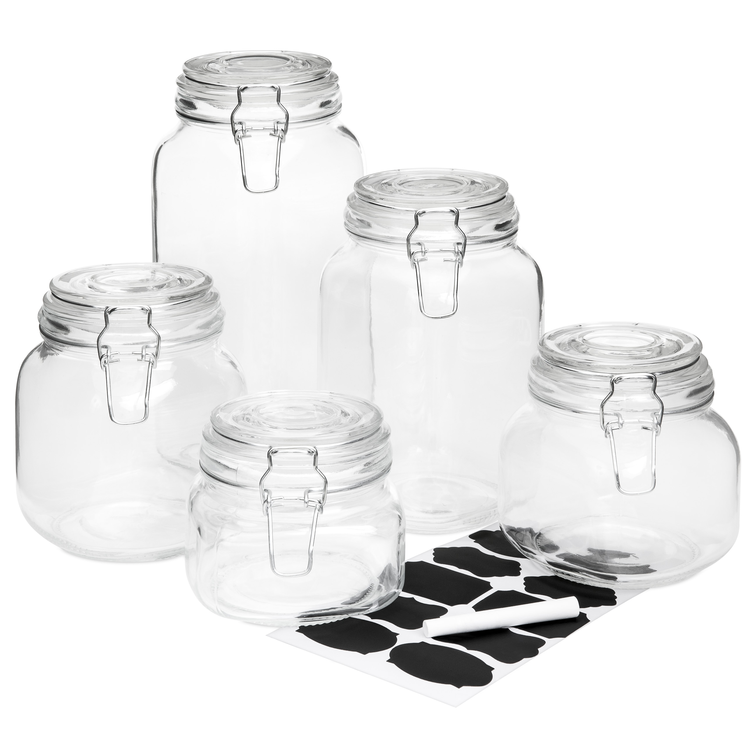 BCP Set of 5 Glass Mason Jars w/ ClipTop, 10 Stickers, Chalk Clear