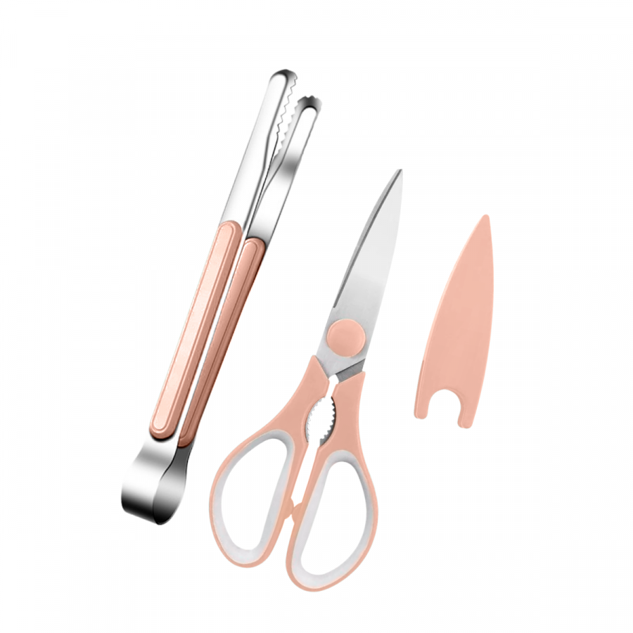 Set de tijera y pinza para barbacoa rosado, acero inox