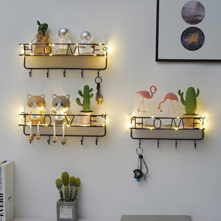 Repisa con 4 ganchos negro, 30cm, hierro forjado y madera