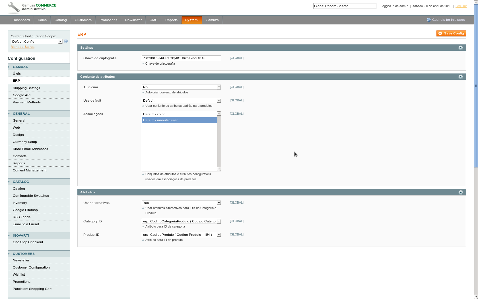 Gamuza ERP - Magento - Configurando os parâmetros da integração no Painel Administrativo