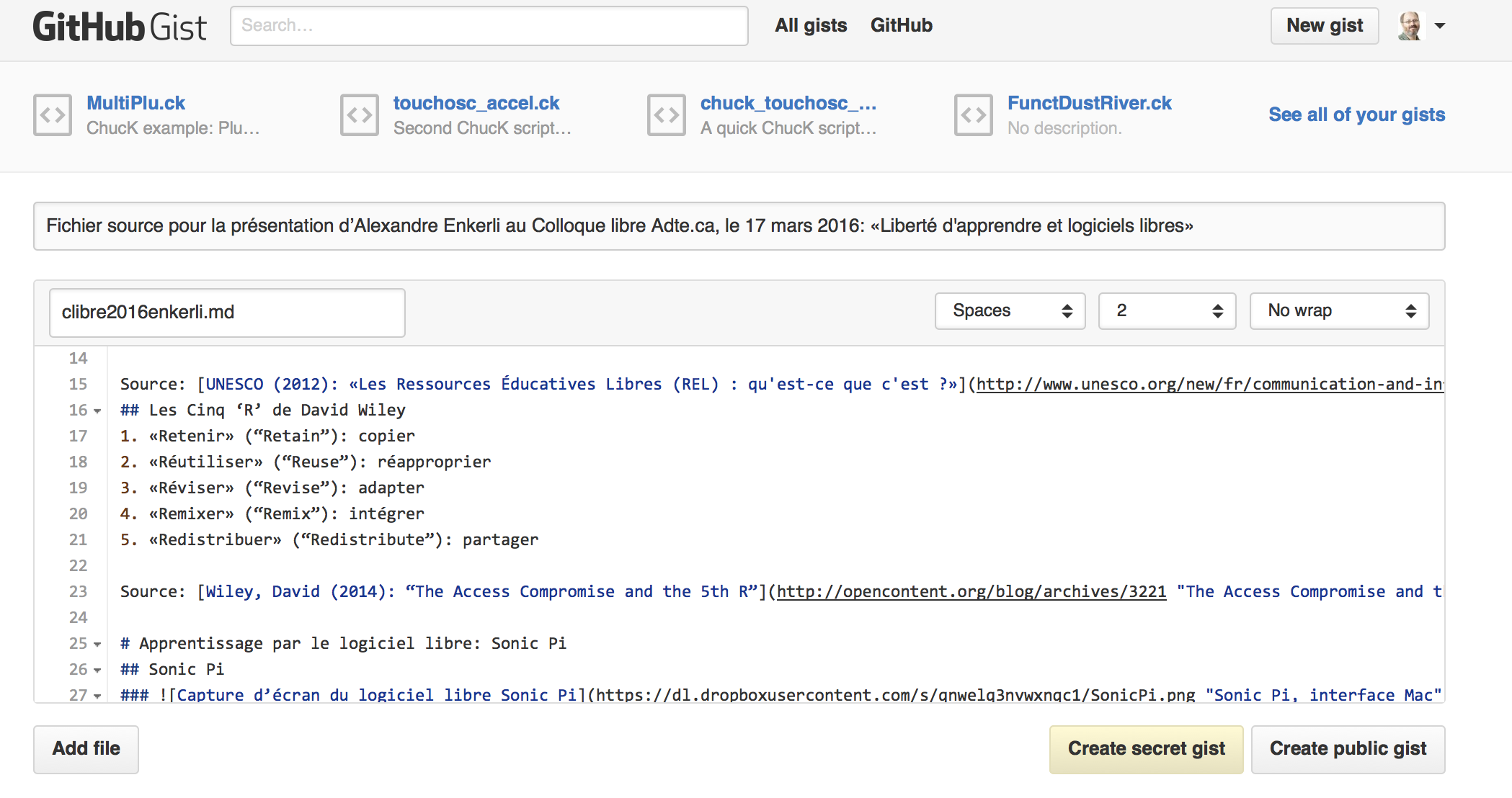 Code source de la présentation Capture d’écran de Gist.GitHub.com montrant une partie du code source de cette présentation
